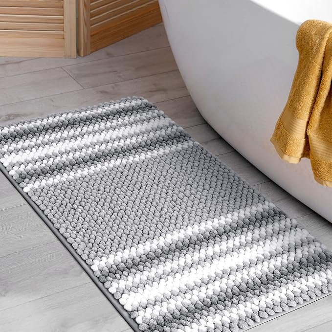 PiccoCasa Chenille Bathroom Rug, Soft Fluffy Absorbent Bath Mat, Medium Pile Striped Carpet Washable Non Slip Bathroom Floor Mats(20"x32",Dark Gray & White)