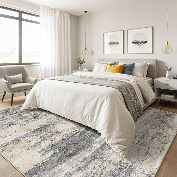 7x9 Area Rugs Living Room: Washable Large Abstract Modern Soft Rug Stain Resistant Indoor Floor Non Slip Accent Carpet for Bedroom Nursery Playroom Dining Room Office Dorm Home House- Grey Brown