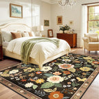 Floral 9x12 Area Rug Machine Washable Soft Print Boho Carpet Non Slip Doormat Low Pile Flower Area Rugs for Living Room Bedroom Nursery Kitchen Dining Room Indoor-Black/Yellow/Red