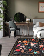 Boho Washable Area Rug 6x9 for Living Room, Bedroom, Office, Playroom, Kitchen or Dining Room, Soft Floral Carpet for Indoor Use, Easy Care Non-Slip Design (Black)