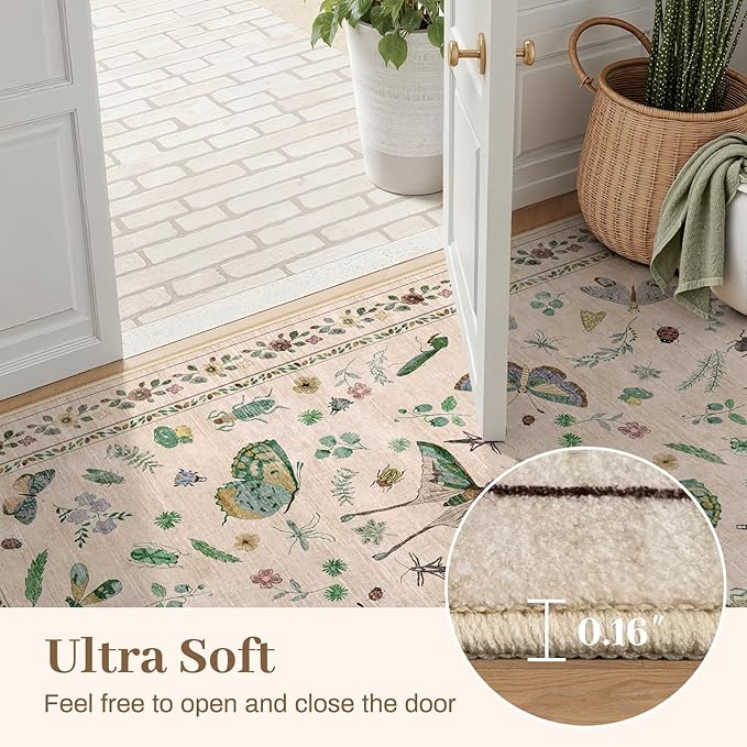 5x8 Non-Slip Insect Print Rug - Indoor Low Pile Machine Washable Bug Rug for Entryway, Front Door, Nursery, Bedroom, Kitchen, Laundry (5'x8' Beige Green)