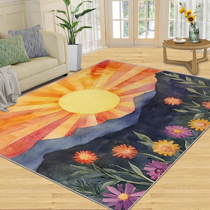 Boho Sun Area Rugs 4x5ft, Radiant Sunburst Kids Play Rug, Geometric Solar Throw Rugs Bedroom Fluffie Soft for Coffee Shop Living Room Under Table Game Room