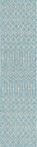 Unique Loom Outdoor Trellis Collection Area Rug - Tribal Trellis (2' x 8' Runner, Aqua/ Ivory)
