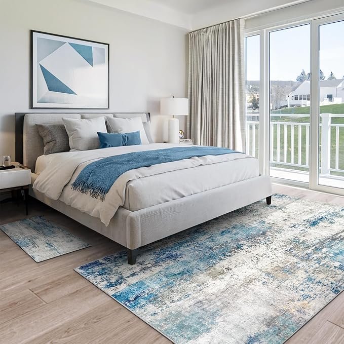 Washable Area Rug for Living Room 6x9 - Neutral Modern Abstract Rugs, Soft Non Slip Thin Carpet with for Bedroom, Under Dining Room Table, Home, Office, Dorm - Blue Gray