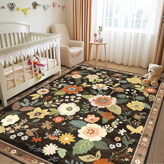 Floral 4x6 Area Rug Machine Washable Soft Print Boho Carpet Non Slip Doormat Low Pile Flower Area Rugs for Living Room Bedroom Nursery Kitchen Dining Room Indoor-Black/Yellow/Red