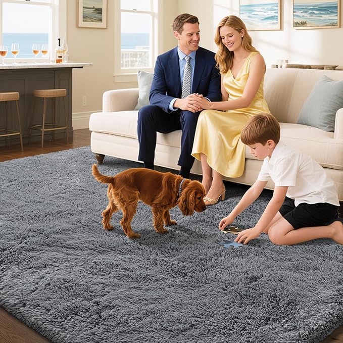 Fluffy Rug Shaggy Area Rug, Dark Grey 8x10 Area Rugs for Living Room, Large Shag Area Rugs for Bedroom Kids Room Home Decor, Upgrade Anti-Skid Rectangular Fuzzy Rugs