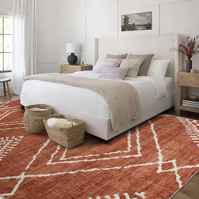 ReaLife Rugs Machine Washable Area Rug - Living Room Bedroom Bathroom Kitchen Entryway Office - Padded Low Pile Stain Resistant Premium - Moroccan Diamond Tribal - Jax - Orange 4' x 6'