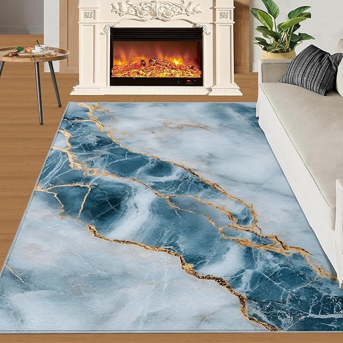 4x6 Abstract Marble Cafe Rug - Blue-White-Marble Rugs for Bedroom Aesthetic, Luxury Stone Pattern Soft Comfortable Non-Slip for Offie Bedroom Study Boy Girl Room Hotel Dorm