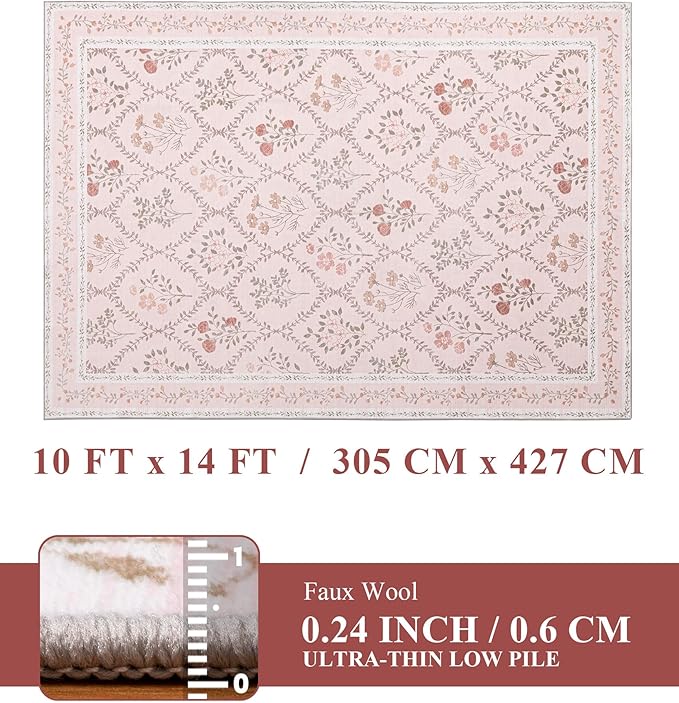 YIHOUSE Pink Floral Print Rugs, Moroccan Trellis 10x14 Washable Large Rug, Modern Pastel Non Slip Ultra-Thin Area Rug for Classroom, Nursery Playroom,Dorm,Bedroom,Living Room, Pink Multi