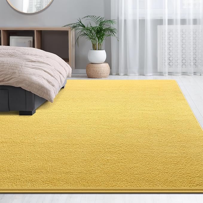 Large Area Rugs for Living Room Bedroom, 5x8 Feet Yellow Rug, Minimalist Modern Shag Rug, Soft Thick Comfy Memory Foam Indoor Carpet, Non-Slip Washable Rug for Boys Girls Dorm Nursery Room Home Decor