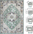 Washable Area Rugs 3x5 , Low Pile Super Soft Carpet, Vitnage Distressed Rug for Bedroom, Living Room, Dining Room, Non-Slip, Low Pile, Green