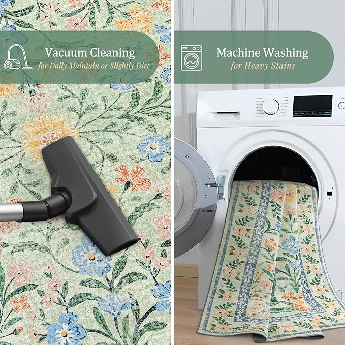Morebes Washable Kitchen Runner Rug 2x6, Green Boho Floral Hallway Rug Runner Non Slip,Vintage Flower Soft Ultra-Thin Indoor Throw Carpet for Entryway Bathroom Laundry Room