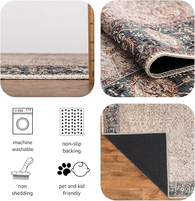 Keen Home Design 2x10 Rug - Machine Washable Runner Rug with Non-Slip Backing, Ideal for Hallway, Entryway, Kitchen, Laundry Room - Vintage, Easy Clean, Durable, Low Pile - (2'6" x 10')