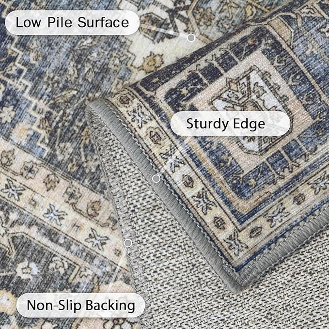 GENIMO 8x10 Area Rugs for Living Room, Machine Washable Non Slip Vintage Rugs, Low Pile Lightweight Chenille Print Rug for Bedroom, Dining Room, Home Office, Navy/Cream