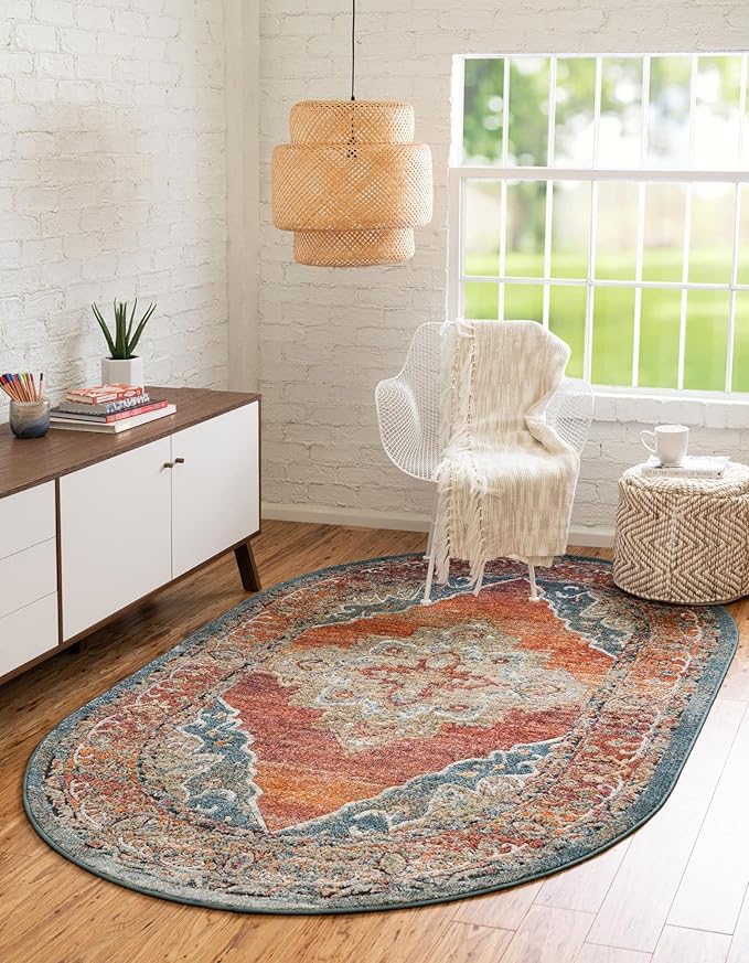 Unique Loom Isabella Collection Area Rug - Rossellini (5' 1" x 8' Oval, Rust Red/ Beige)