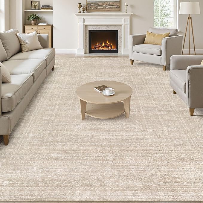 7x9 Area Rug Living Room: Washable Large Vintage Beige Rugs Neutral Non-Slip Soft Stain Resistant Indoor Carpet for Bedroom Nursery Dining Room Under Table Bed Home House Office Playroom