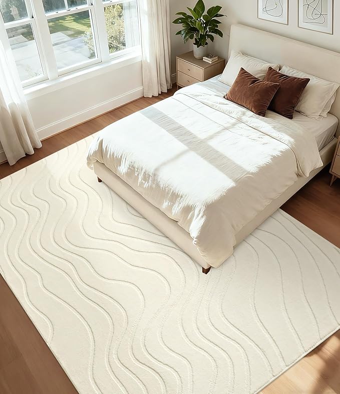 YIHOUSE 5x7 Abstract Line Area Rug, Modern Washable Stain Resistant Rugs Non Slip, Soft Indoor Floor Carpet for Living Room, Bedroom,Dining Room, White