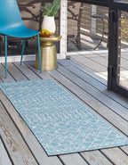 Unique Loom Outdoor Trellis Collection Area Rug - Tribal Trellis (2' x 8' Runner, Aqua/ Ivory)