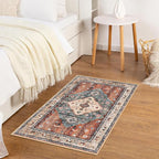 KOZYFLY Small Area Rug 2x3 Ft Rugs for Entryway Washable Boho Entry Rug Non Slip Door Mat Indoor Entrance Rust/Orange/Blue Printed Faux Wool Vintage Printed Kitchen Rug Throw Rugs for Entrance Kitchen