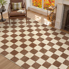 Machine Washable 5x7 Area Rugs for Living Room Checkered, Non Slip Soft Low Pile Farmhouse Geometric Modern Neutral Playroom Boys Rugs for Bedroom, Large Carpet Rugs for Dining Room(Dark Brown,5'x7')