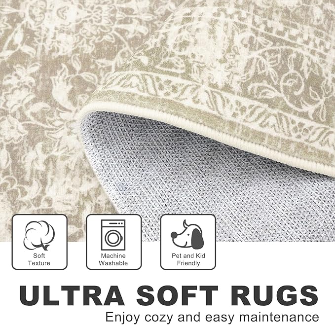 KILOCOCO Area Rug 3x5 Entryway Rug Washable Printed Vintage Floral Rubber Backed Non Slip Indoor Kitchen Rugs for Living Room Laundry Room Playroom Mudroom Moroccan Area Rugs, Beige
