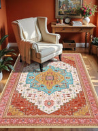 3x5 Orange Pink Area Rug for Living Room, Machine Washable Rugs with Non-Slip Backing for Bedroom, Vintage Medallion Carpet Kitchen Laundry Kids Room Decor