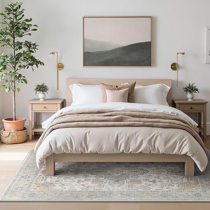 Bavni Vintage 5x7 Area Rugs, Boho Oriental Living Room Rug, Machine Washable Rug Non Slip, Distressed Print Indoor Large Grey Rugs, Low Pile Ultra-Thin Soft Carpet for Bedroom, Dining Room, Farmhouse