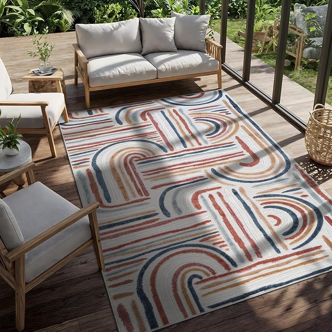 CAMILSON Indoor Outdoor Rug, Multicolor 5x7 Geometric Arch Striped Area Rugs for Patio and Home Areas, Easy-Cleaning Non-Shedding Living Room, Garden and Deck Washable Outside Carpet (5 x 7)
