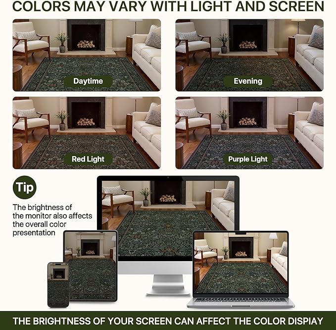 Bavni Floral Dark Green Area Rugs 5x7, Vintage Boho Carpet Machine Washable, Non Slip Soft Low Pile Thin Rug for Bedroom, Living Room, Dining Room, Nursery