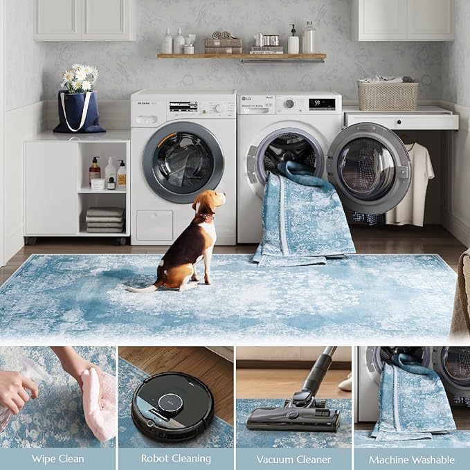 jinchan Washable Area Rug 6x9 for Living Room Soft Faux Wool Ultra-Thin Stain Resistant Non-Slip Distressed Vintage Floral Rug Large Carpet for Bedroom, Dining Room, Home Office, Nursery(Blue, 6'x9')