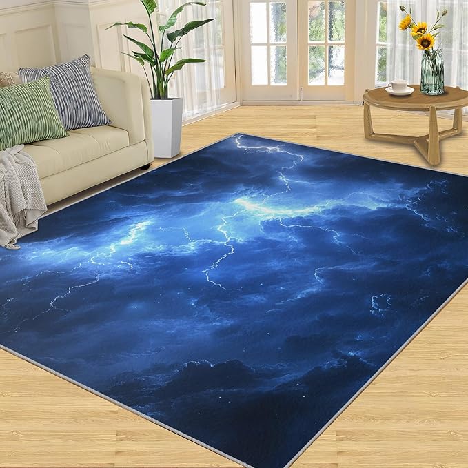 5x8 Dark Clouds Lightning Kids Rug - Storm Dining Room Rug, Natural Weather Area Rugs Indoor Modern Rugs for Bedroom Hardwood Floors Teen Room