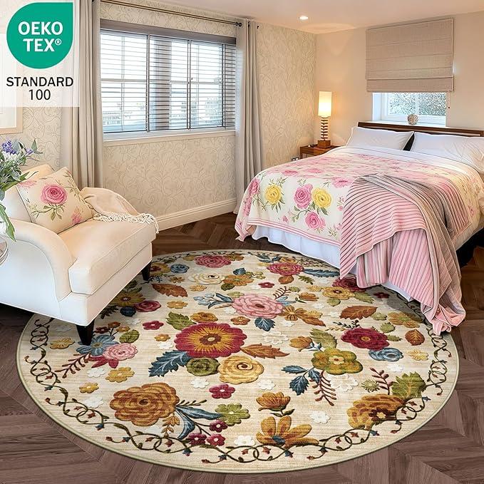 6ft Round Machine Washable Area Rug for Living Room, Beige Vintage Boho Floral Rug Large Non-Slip Low Pile Soft Faux Wool Carpet, Kids and Pets Friendly for Bedroom Nursery Farmhouse Home Decor Rug