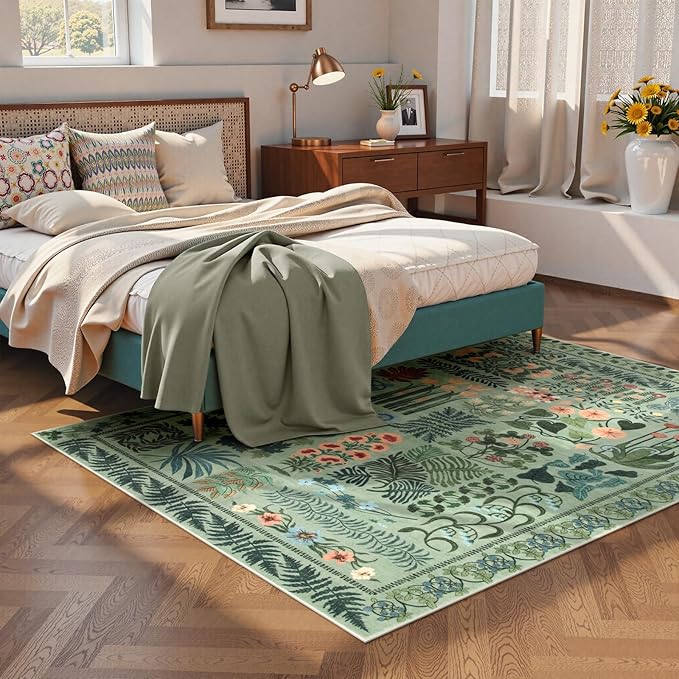 Floral Boho Washable 5x7 Area Rug for Living Room, Green Botanical Rug for Bedroom Dining Room Low Pile Non Slip, No Shed Large Carpet for Home Office Decor