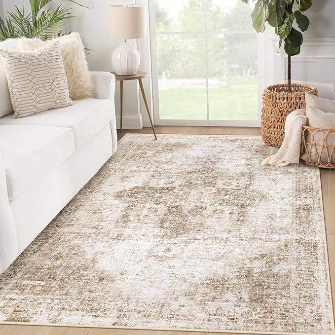 Area Rug 3x5 Washable Rug, Vintage Boho Medallion Entryway Rug Non-Slip Soft Low Pile Small Distressed Floor Carpet Retro Doormat for Kitchen Bedroom Laundry Bathroom Hallway (Brown, 3'x5')