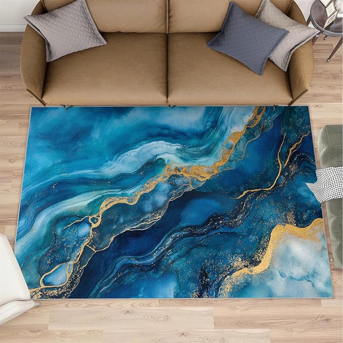 Blue Gold Marble Rugs for Bedroom - 4x5 Area Rug - Modern Fashion Marble Rugs for Living Room, European Light Luxury Art Rug, Washable Home Decor Carpet