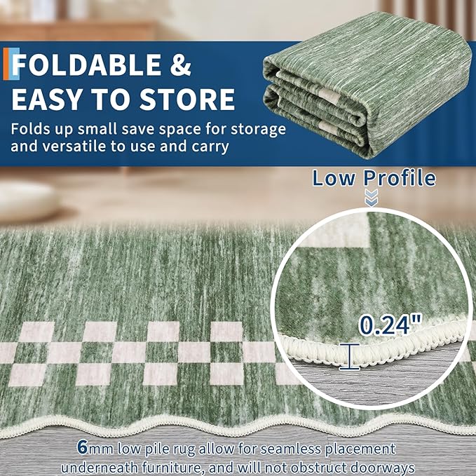 GarveeHome Scalloped Round Rug 4ft Modern Solid Color Circle Rugs Non Slip Low Pile Living Room Throw Carpat Washable Bedroom Scalloped Round Area Rug Stain Resistant Bordered Rug for Kitchen, Green