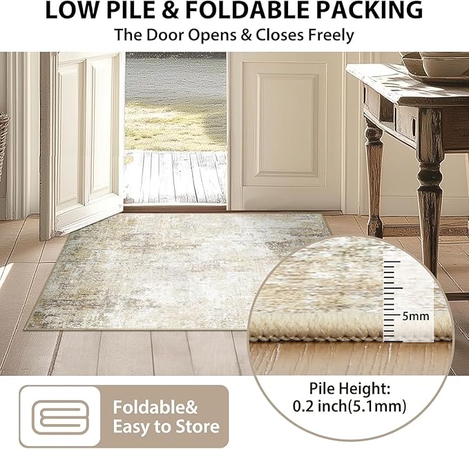 Washable Area Rugs 2'x10' Non-Slip Modern Abstract Soft for Living Room Entryway Bedroom Nursery, Print Pattern, Neutral Brown Gray
