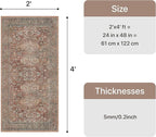 Bavni Washable Rug 2x4, Non Slip Small Runner for Entryway, Kitchen or Bathroom, Vintage Print Thin Low Pile Indoor Carpet, Brick