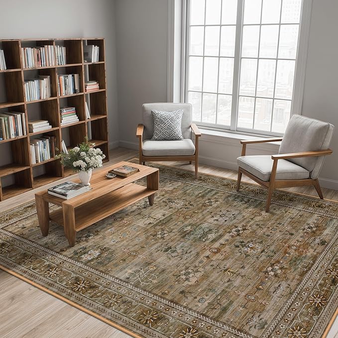 5x7 Washable Area Rug for Living Room Dining Room, Distressed Non Slip Vintage Floral Rugs for Bedroom, Traditional Indoor Floor Carpet for Dining Kitchen Farmhouse Brown with Green