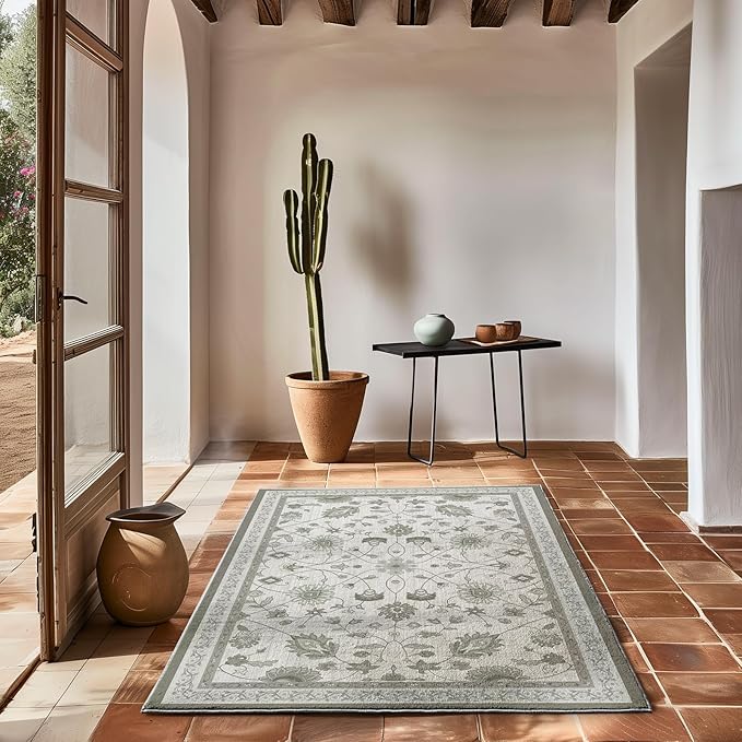 EVERGRACE Area Rugs for Living Room 3x5, Boho Floral Faux Wool Indoor Outdoor Rugs, Washable Rugs for Bedroom Entryway Dining Room Hallyway, Low Pile Floor Mat Carpet for Home Decor, Cool Gray