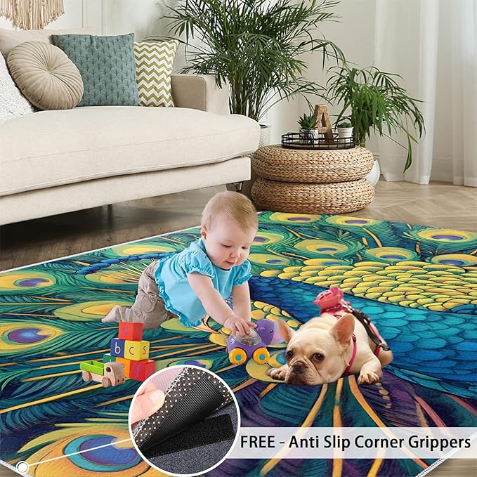 Peacock Rug 4x5-4x5 Rug, Wonderful Peacock Area Rugs for Bedroom, Teal Turquoise Rugs for Living Room, Modern Style Washable Mat, Malachite Green Feather Carpet - Peafowl Home Decor & Gifts