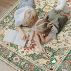 Area Rug 5x7 Washable Rug, Vintage Boho Medallion Rugs Non-Slip Soft Low Pile Large Distressed Rug Indoor Retro Carpet for Living Room Bedroom Dining Room Home Office (Green Beige, 5'x7')