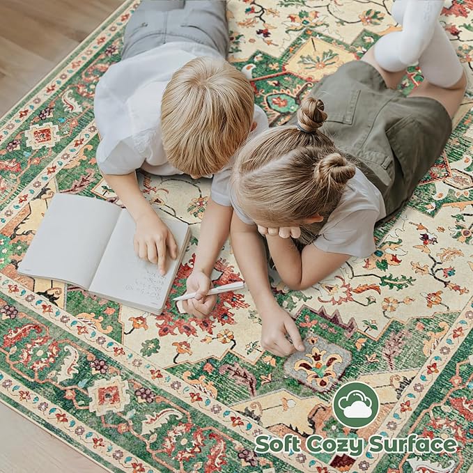 Area Rug 9x12 Washable Rug, Vintage Boho Medallion Rugs Non-Slip Soft Low Pile Large Distressed Rug Indoor Retro Carpet for Living Room Bedroom Dining Room Home Office (Green Beige, 9'x12')