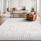 Beverly Rug Modern Geometric Area Rug 6x9 Low-High Pile Durable Soft Abstract Curved Indoor Rugs for Living Dining Room Office Stain Resistant Non Shedding Casual Indoor Carpet Beige White 6 x 9