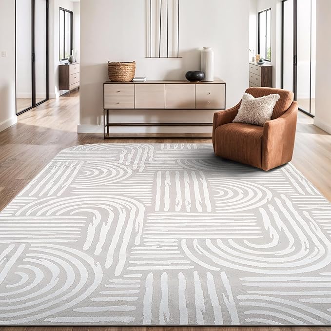Beverly Rug Modern Geometric Area Rug 8x10 Low-High Pile Durable Soft Abstract Curved Indoor Rugs for Living Dining Room Office Stain Resistant Non Shedding Casual Indoor Carpet Beige White 8 x 10