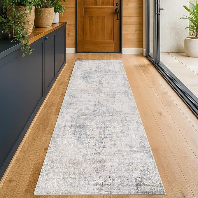 Light Blue 2'6''x8' Wide Hallway Runner Rug - Washable Kitchen Sink Rug, Non Slip 8ft Long Runner Rug for Entryway, Abstract Dusky Blue Home Décor