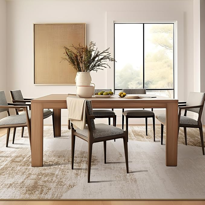 Phantoscope Washable Area Rug 5'x7' Non-Slip, Modern Neutral Boho Rugs for Living Room, Bedroom, Dining Room, Distressed Geometric Dune Pattern, Low-Pile Foldable Floor Carpet, Linen Beige/Taupe