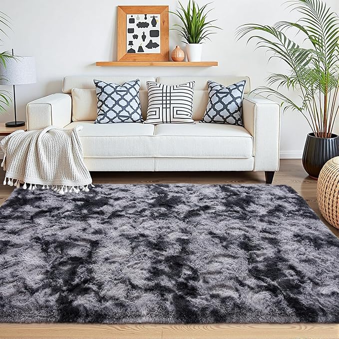 Beglad Fluffy Area Rugs 4x6 Feet, Modern Minimalist Style Shag Rugs, Non-Slip Indoor Carpet Soft Rugs for Bedroom, Living Room & Kids Room, Tie-Dyed Black&Dark Grey