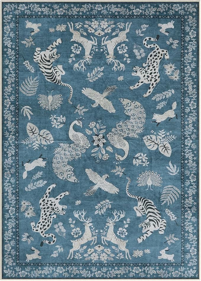 Moynesa Animal Area Rugs 5x7, Washable Luxurious Vintage Boho Blue Area Rug for Bedroom Living Room Dining Room Office Playroom, Farmhouse Low Pile Soft Non-Slip Carpets for Indoor