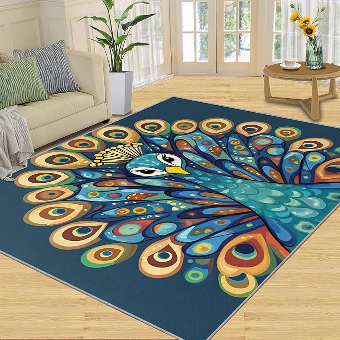 Boho Peacock Rugs for Living Room - 5x7 Rug, Peacock Decor Area Rugs for Bedroom, Teal Turquoise Rug, Modern Style Washable Carpet, Aesthetics Carpet - Peafowl Home Decor & Gifts